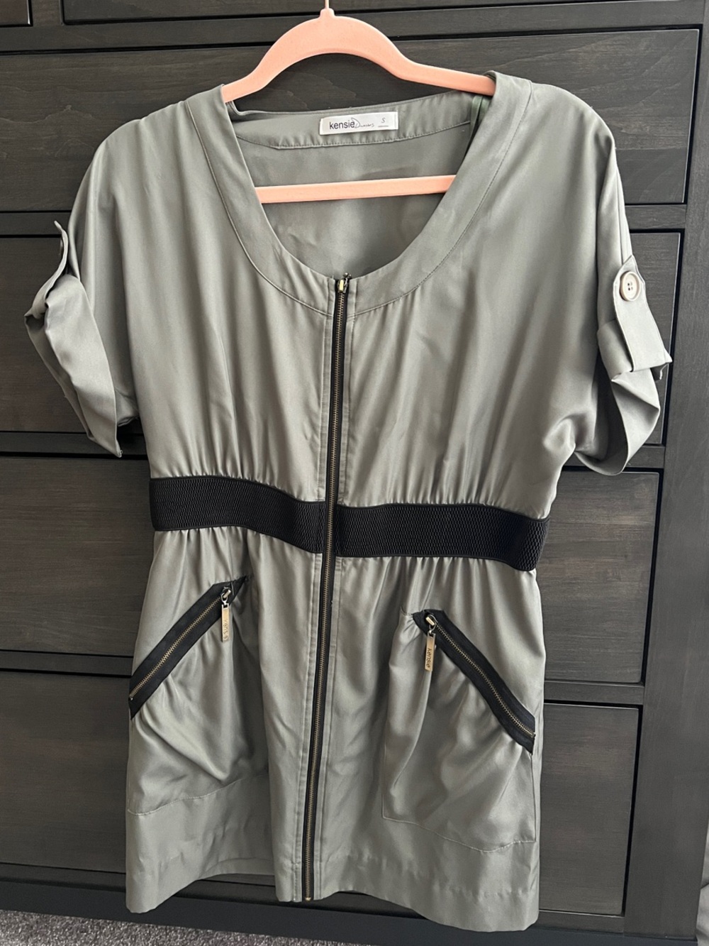 Kensie Olive Green Short Sleeve Zip Jacket with Black Synched Waist : Nordstom